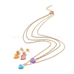 Synthetic Shell Heart Pendant Double Layer Necklaces and Dangle Stud Earrings, Gold Plated 304 Stainless Steel Jewelry Sets for Women, Colorful, 16.22 inch(41.2cm), 20~21.5mm, Pin: 0.8mm(SJEW-F217-05A-G)