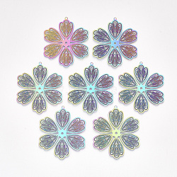 Ion Plating(IP) 304 Stainless Steel Filigree Pendants, Etched Metal Embellishments, Flower, Rainbow Color, 47x39.5x0.2mm, Hole: 1.4mm(STAS-S108-40)