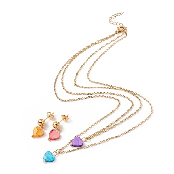 Synthetic Shell Heart Pendant Double Layer Necklaces and Dangle Stud Earrings, Gold Plated 304 Stainless Steel Jewelry Sets for Women, Colorful, 16.22 inch(41.2cm), 20~21.5mm, Pin: 0.8mm