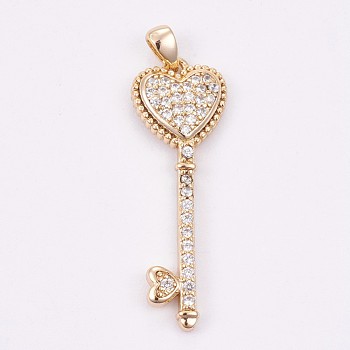 Brass Micro Pave Cubic Zirconia Pendants, Long-Lasting Plated, Key, Golden, 29x10x3mm, Hole: 2x3mm