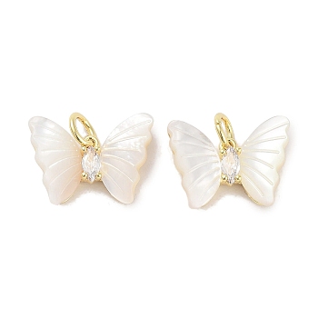 Brass Micro Pave Cubic Zirconia Pendants, Cadmium Free & Nickel Free & Lead Free, with Shell and Jump Ring, Butterfly, Real 18K Gold Plated, 12x16x3.5mm, Hole: 3mm