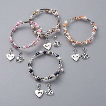 Wrap Bracelets, with Natural Pearl Beads, Tibetan Style Alloy Charms, Three Loops, Mixed Color, 2-1/8 inch(5.5cm)