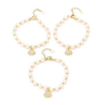 Brass Micro Pave Cubic Zirconia Shell Shape Charms Bracelets, Real 18K Gold Plated, with Natural Pearl, Long-Lasting Plated, White, 6-3/8 inch(16.2cm)