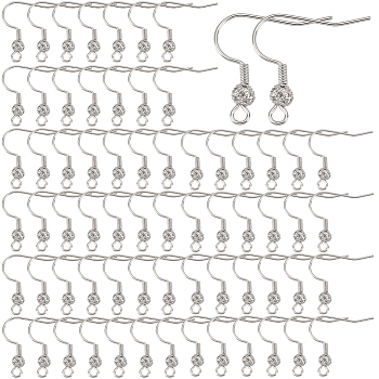 100Pcs Brass French Hooks with Coil and Ball, Ear Wire, Real Platinum Plated, 21x21x4mm, Hole: 2mm, Pin: 0.8mm