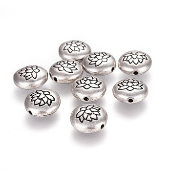 Tibetan Style Alloy Beads, Flat Round with Lotus, Lead Free & Nickel Free & Cadmium Free, Thailand Sterling Silver Plated, 14x6.5mm, Hole: 1mm