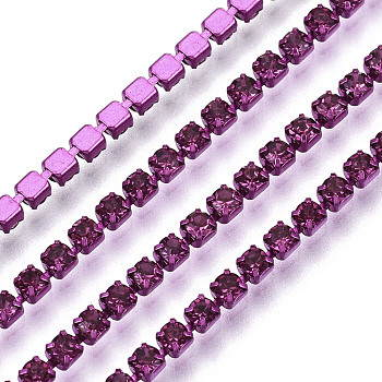 Electrophoresis Iron Rhinestone Strass Chains, Rhinestone Cup Chains, with Spool, Fuchsia, SS6.5, 2~2.1mm, about 10yards/roll
