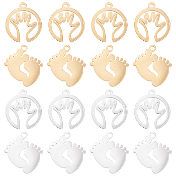 DICOSMETIC 16Pcs 2 Style 201 Stainless Steel Laser Cut Pendants, Baby Feet & Palm, Golden & Stainless Steel Color, 17~18x15~16x1mm, Hole: 1.5mm, 8pcs/style