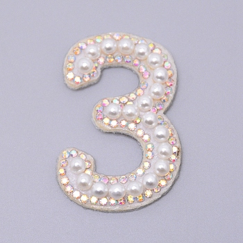 Imitation Pearls Patches, Iron/Sew on Appliques, with Glitter Rhinestone, Costume Accessories, for Clothes, Bag Pants, Number, Num.3, 44.5x28.5x4.5mm