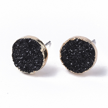 Electroplate Druzy Resin Stud Earrings, with Iron Pins and Light Gold Plated Iron Findings, Flat Round, Black, 10mm, Pin: 0.6mm