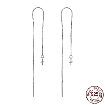 Rhodium Plated 925 Sterling Silver Threader Earrings, for Half Drilled Beads, Platinum, 64x9.5mm, Pin: 0.7mm