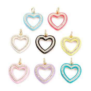 Brass Micro Pave Clear Cubic Zirconia Pendants, with Enamel & Jump Ring, Long-Lasting Plated, Heart, Golden, Mixed Color, 17x16x2mm, Hole: 3mm