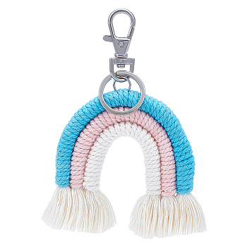 Rainbow Cotton Tassel Keychain, with Alloy Finding and Iron Clasp, Deep Sky Blue, 12.5cm