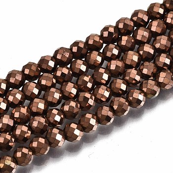 Electroplate Non-magnetic Synthetic Hematite Beads Strands, Round, Faceted, Purple Plated, 4mm, Hole: 1mm, about 108pcs/strand, 15.67 inch~15.91 inch(39.8cm~40.4cm)