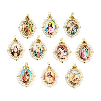Rack Plating Brass Enamel Pendants, with Plastic Imitation Pearl, Long-Lasting Plated, Cadmium Free & Lead Free, Real 18K Gold Plated, Oval with Virgin Mary Charm, Mixed Color, 28x22.5x6mm, Hole: 4.5x3.5mm
