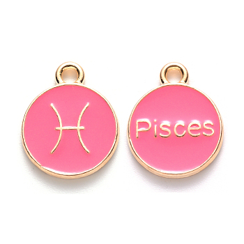 Alloy Enamel Pendants, Cadmium Free & Lead Free, Flat Round with Constellation, Light Gold, Cerise, Pisces, 15x12x2mm, Hole: 1.5mm