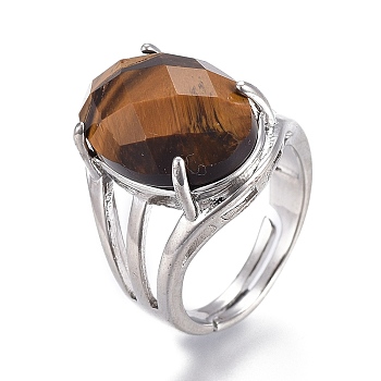 Adjustable Faceted Natural Tiger Eye Finger Rings, with Platinum Brass Findings, Oval, Size 8, Inner Diameter: 18mm