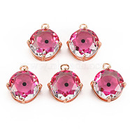 Transparent Glass Pendants, with Brass Prong Settings, Faceted, Flat Round with Eye, Light Gold, Hot Pink, 17x14x7.5mm, Hole: 2mm(GLAA-S193-001D)