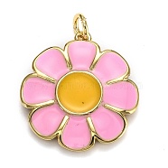 Brass Enamel Pendants, Long-Lasting Plated, with Jump Ring, Real 18K Gold Plated, Flower, Pink, 22.5x21.5x2.5mm, Hole: 3mm(KK-B029-10G-B)
