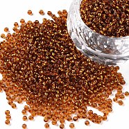 11/0 Silver Lined Grade A Transparent Glass Seed Beads, DIY Loose Spacers, Round Hole, Round, Dark Goldenrod, 2x1.5mm, Hole: 0.3mm, about 3000pcs/50g(X-SEED-Q007-F54)