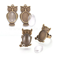 Vintage Adjustable Iron Owl Finger Ring Settings and Alloy Cabochon Bezel Settings, Owl Alloy Big Pendant Cabochon Settings and Clear Oval Glass Cabochons, Antique Bronze, Pendant: 52.5x27x3mm, Hole: 3mm, Ring: 17x5mm, Cabochon: 18x13x4mm and 25x18x5mm, 4pcs/set(FIND-X0010-02AB)