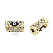 Brass Micro Pave Cubic Zirconia Beads, with Enamel, Real 18K Gold Plated, Rectangle with Evil Eye, Nickel Free, Black, 14x8x7mm, Hole: 3.5mm(KK-N227-89A)