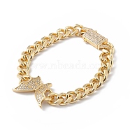 Clear Cubic Zirconia Butterfly Link Bracelet with Curb Chains, Brass Jewelry for Women, Cadmium Free & Lead Free, Real 18K Gold Plated, 7-1/2 inch(19cm)(BJEW-L460-001G)