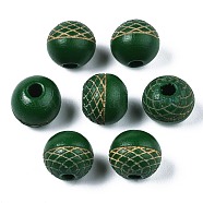 Painted Natural Wood Beads, Laser Engraved Pattern, Round, Dark Green, 10x9mm, Hole: 2.5mm(WOOD-S057-072J)