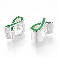Alloy Enamel Awareness Ribbon Large Hole European Beads, Silver Color Plated, Lime Green, 11x6x8mm, Hole: 5mm(X-MPDL-R036-41D)
