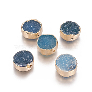 Natural Druzy Agate Beads, with Brass Findings, Dyed, Flat Round, Golden, Blue, 12x6mm, Hole: 1mm(G-K191-03B)