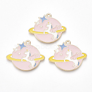 Alloy Pendants, Cadmium Free & Lead Free, with Enamel, Planet with Unicorn, Light Gold, Pink, 27.5x33x2mm, Hole: 2mm(ENAM-S115-107)