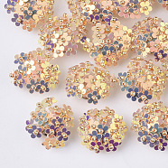 PVC Paillette Cabochons, Cluster Beads, with Glass Seed Beads and Golden Plated Brass Perforated Disc Settings, Flower, PeachPuff, 20~23x10~11mm(FIND-S321-01K)