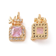 Brass Micro Pave Clear Cubic Zirconia Charms, with Pearl Pink Glass, Perfume Bottle with Butterfly, Real 18K Gold Plated, 11x6.7x4mm, Hole: 1.4mm(KK-E068-VF220)
