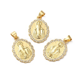Rack Plating Brass Pave Cubic Zirconia Pendants, Lead Free & Cadmium Free, Long-Lasting Plated, Oval with Saint Pattern Charm, Real 18K Gold Plated, 22.5x16x2mm, Hole: 4x3.5mm(KK-O142-17G)