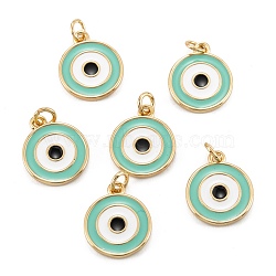 Brass Enamel Pendants, Long-Lasting Plated, Real 18K Gold Plated, Flat Round with Eye, Pale Green, 14x11.5x1.5mm, Hole: 2.6mm(KK-P204-12G-B)