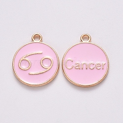 Alloy Enamel Pendants, Cadmium Free & Lead Free, Flat Round with Constellation, Light Gold, Pink, Cancer, 15x12x2mm, Hole: 1.5mm(ENAM-S124-01B-09D)
