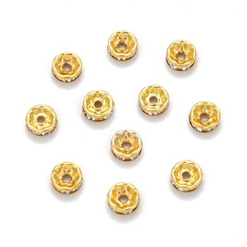 Iron Rhinestone Spacer Beads, Grade A, Rondelle, Straight Edge, Golden Color, Clear, Size: about 8mm in diameter, 3.5mm thick, hole: 2mm