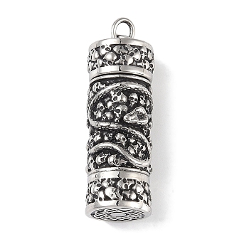 Openable 316 Surgical Stainless Steel Urn Ashes Pendants, with Jump Ring, Column Charm, Antique Silver, Snake, 46x15x13.5mm, Hole: 6.5mm