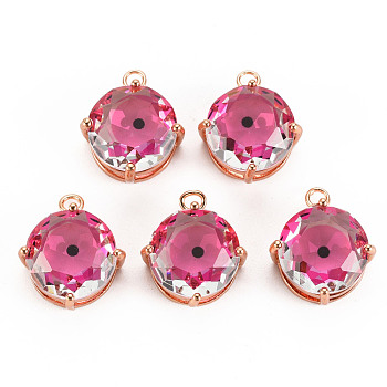 Transparent Glass Pendants, with Brass Prong Settings, Faceted, Flat Round with Eye, Light Gold, Hot Pink, 17x14x7.5mm, Hole: 2mm