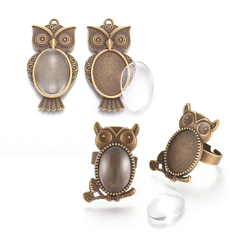 Vintage Adjustable Iron Owl Finger Ring Settings and Alloy Cabochon Bezel Settings, Owl Alloy Big Pendant Cabochon Settings and Clear Oval Glass Cabochons, Antique Bronze, Pendant: 52.5x27x3mm, Hole: 3mm, Ring: 17x5mm, Cabochon: 18x13x4mm and 25x18x5mm, 4pcs/set