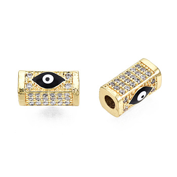 Brass Micro Pave Cubic Zirconia Beads, with Enamel, Real 18K Gold Plated, Rectangle with Evil Eye, Nickel Free, Black, 14x8x7mm, Hole: 3.5mm