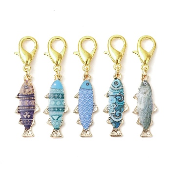 Fish Alloy Enamel Pendant Decorations, with Zinc Alloy Lobster Claw Clasps, Mixed Color, 44mm, Pendants: 27x10.5x2mm