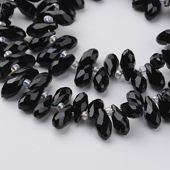 Glass Beads Strands, Top Drilled Beads, Faceted Teardrop, Black, 9x4mm, Hole: 1mm, about 102pcs/strand, 13.3 inch