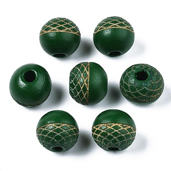 Painted Natural Wood Beads, Laser Engraved Pattern, Round, Dark Green, 10x9mm, Hole: 2.5mm
