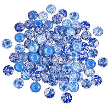 Blue and White Printed Glass Cabochons, Half Round/Dome, Steel Blue, 20x6mm, 100pcs/box