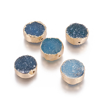 Natural Druzy Agate Beads, with Brass Findings, Dyed, Flat Round, Golden, Blue, 12x6mm, Hole: 1mm
