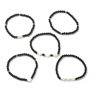 5Pcs 5 Style Synthetic Black Stone & Pearl & Shell Star Beaded Stretch Bracelets Set, Inner Diameter: 1-3/4~1-3/4 inch(4.3~4.5cm), 1Pcs/style