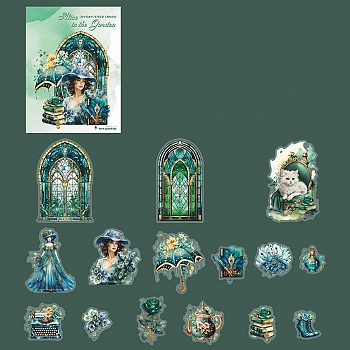 30Pcs Retro Flower Castle Theme PET Waterproof Scrapbook Stickers, for DIY Album Scrapbook, Greeting Card, Green, 100x100mm