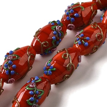 Handmade Lampwork Beads, Rice wit Flower, Red, 23x12~13mm, Hole: 1.6mm