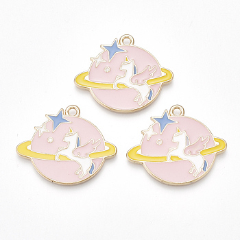 Alloy Pendants, Cadmium Free & Lead Free, with Enamel, Planet with Unicorn, Light Gold, Pink, 27.5x33x2mm, Hole: 2mm