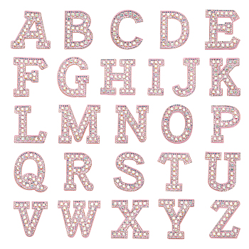 26Pcs Iron On/Sew on Non-Woven Fabrics Patches, with Crystal AB Glass Rhinestone, Costume Accessories, Appliques, Alphabet, Letter A~Z, Pink, 45~57x24~59x3.5mm